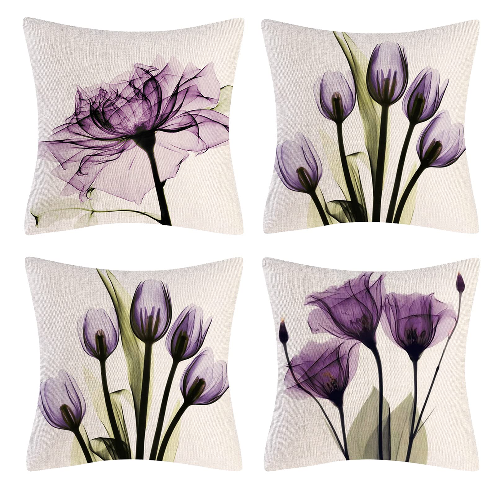 OCEUMACO Linen Cushion Covers 45 x 45 cm Sofa Living Room Set of 4 Square Art Lilac Floral Throw Pillow Cases 18x18 Inches Outdoor Decorative Boho Flowers Pillowcases Cushions Cover - Purple