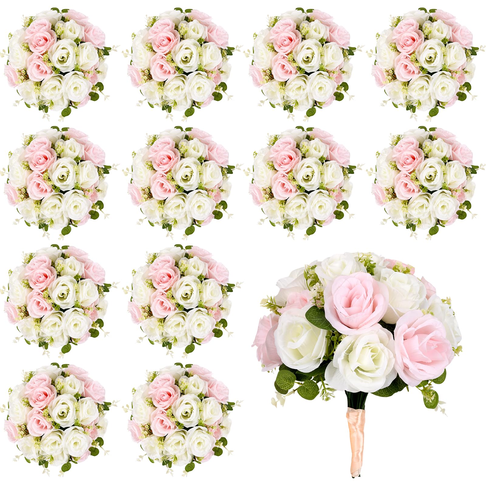 View 1 of ***Factory seal***
EYNDYN Bundles Eucalyptus Leaves Pink Rose Artificial Flowers Boho Faux Fake White Roses Bouquet with Ribbon for Wedding Table Centerpiece Floral Vase Home Office Bridal Decor