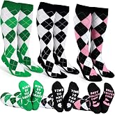 Bunnycool 3 Pairs Knee High Argyle Golf Sock for Father's Day | Funny Bottom Text, Long Knickers Style, Plaid Diamond Pattern, Gift for Dad Tournaments, Breathable Athletic Fit