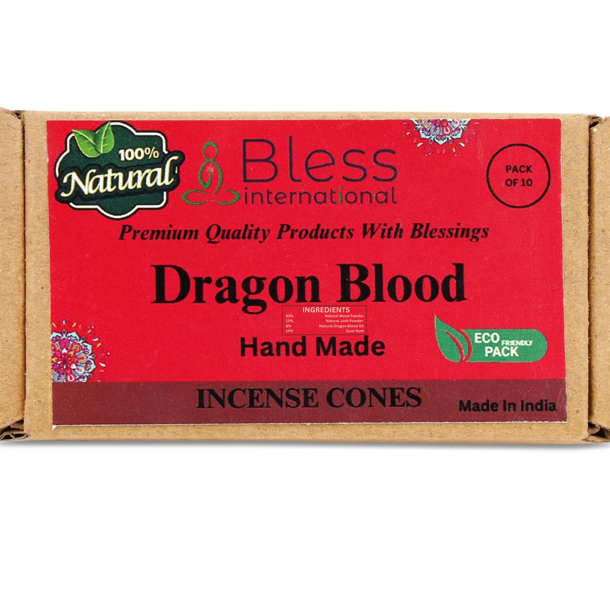 Bless-International Dragon Blood 100%-Natural-Incense-Cones Handmade-Hand-Dipped Organic-Chemicals-Free for-Purification-Relaxation-Positivity-Yoga-Meditation The-Best-scents (10 Count)