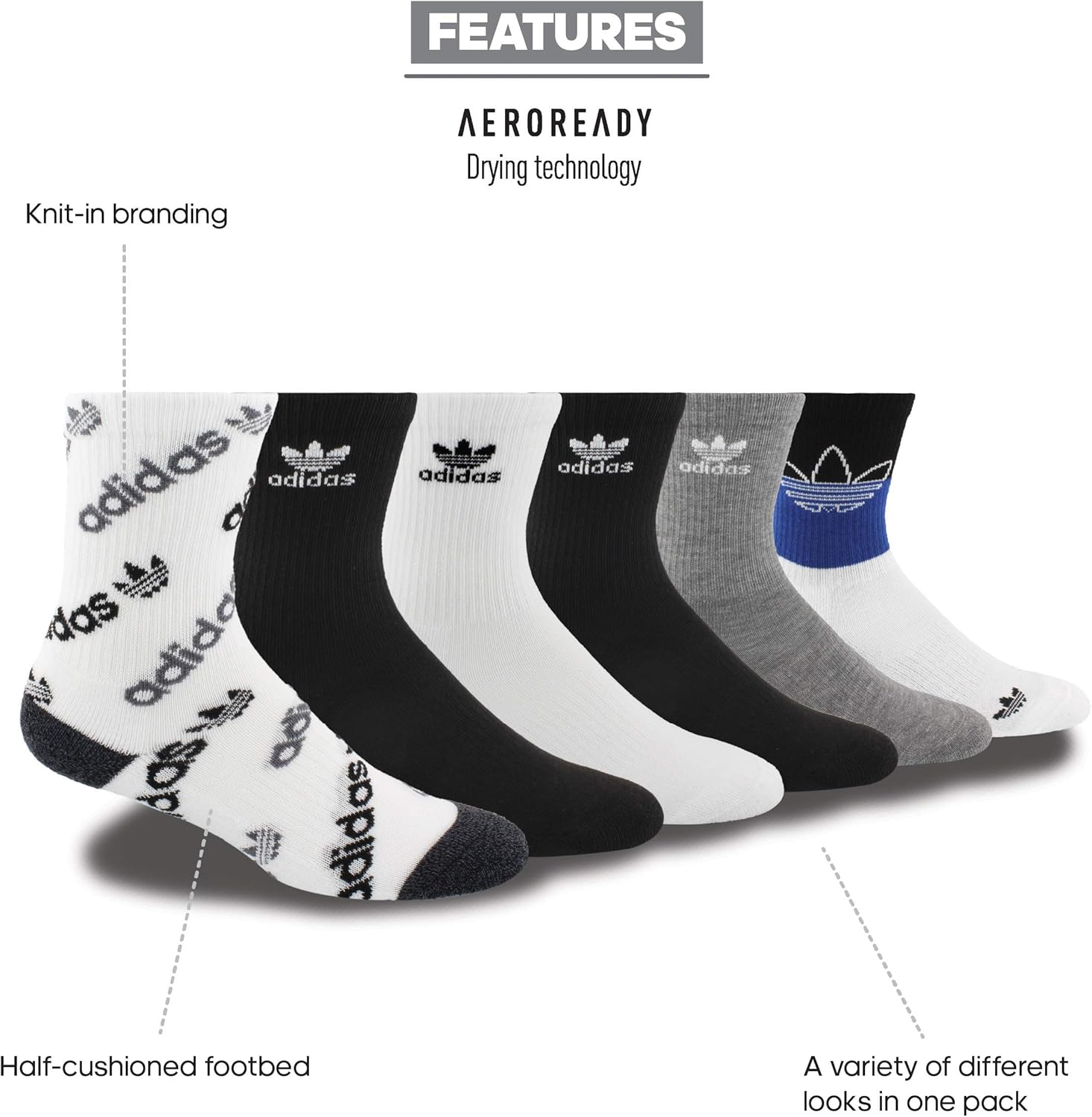 adidas Originals unisex-teen Kids-boy's/Girl's Crew Socks (6-pair): Clothing