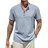 COOFANDY Men's Casual Linen Henley Shirts Short Sleeve Band Collar Summer Beach Vacation T-Shirts
