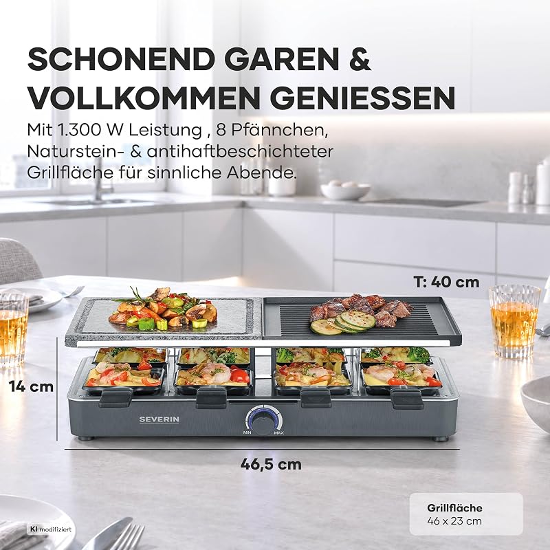 Raclette-Grill mit Naturgrillstein und Grillplatte, Raclette mit antihaftbeschichteter Grillplatte und 8 Pfännchen, Tischgrill für 8 Personen, max. 1300 W, schwarz, RG 2371