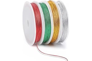 JUNEBRUSHS 87 Yards Christmas Metallic Cord Ornament String, Christmas Ribbon Cording Gold String Hanger for Crafts Ornaments Hanging Decoration Jewelry Making Gift Wrap (Gold, Silver, Red, Green)