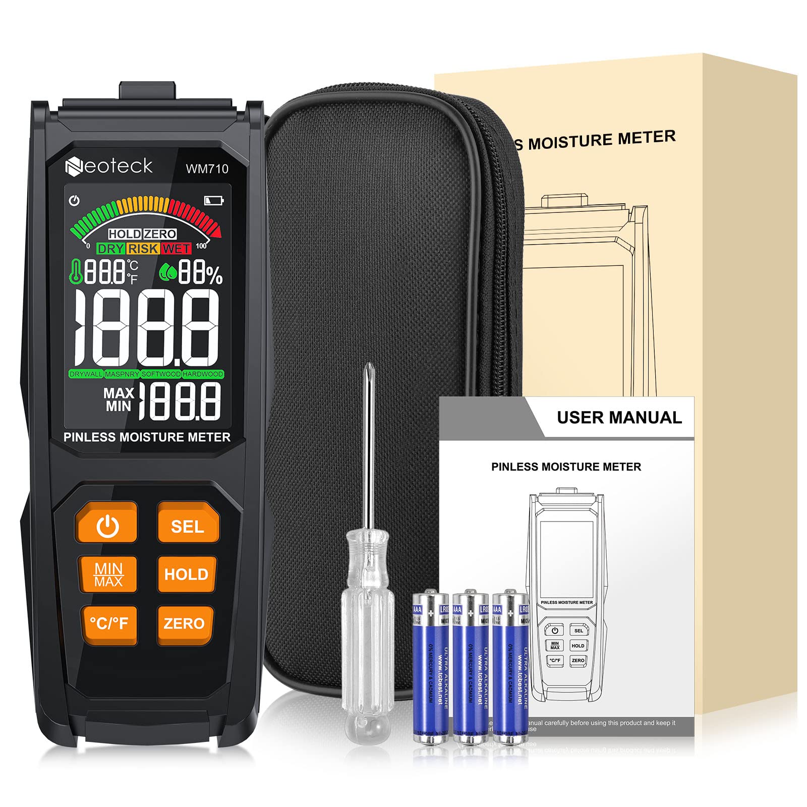Neoteck Pinless Damp Meter Moisture Meter Non-Invasive Moisture Detector for Walls High Accuracy Detects up to 20mm Colour Screen Alarm for Wood Masonry Concrete Drywall