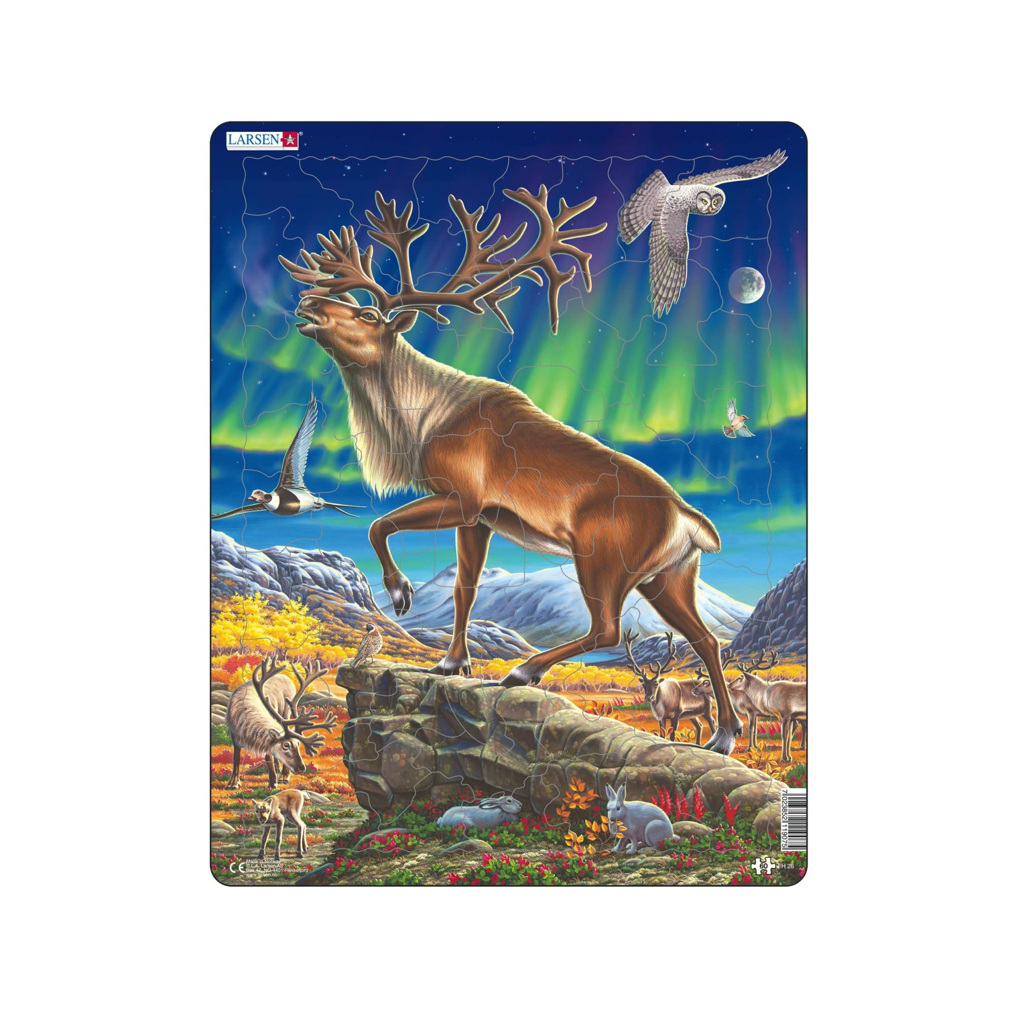 Larsen FH26 Reindeer & Northern Lights Puzzle – 60-Piece Arctic Nature Jigsaw for Kids, Neutral Edition - Educational Puzzle for Children
