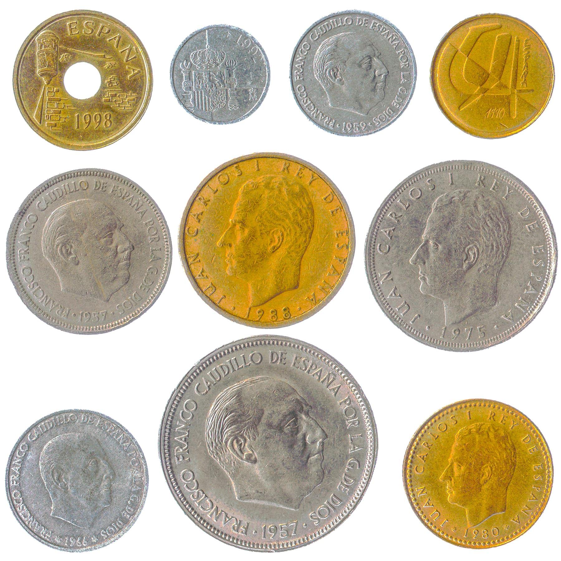 10 Espana Spain Coins Pesetas Peseta Céntimos Pre-Euro Coins 1939-2001. PERFECT CHOICE FOR YOUR COIN BANK, COIN HOLDERS AND COIN ALBUM