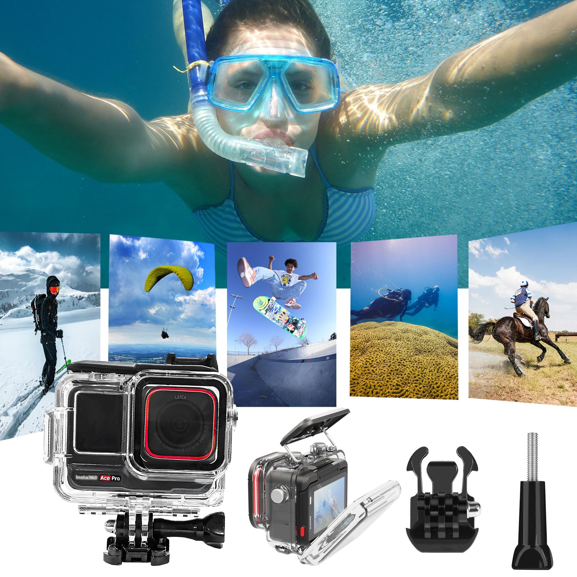 PCTC 60M(197ft) Waterproof Case for Insta360 Ace Pro, Accessories for Insta 360 Ace Pro Waterproof Case,Protective Underwater Dive Housing Shell with Bracket Accessories