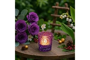 ART SECRET 6 Pack Sun Moon Star Embossed Glass Tea Light Candle Holders - Votive Candle Holders for Wedding, Party, Home Decor, and Table Centerpieces (Amethyst Purple)