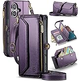 Strapurs Wallet Case Compatible with iPhone 16 6.1" RFID Blocking 7-Card Holder Soft PU Leather Magnetic Snap Shoulder Strap Zipper Pocket Phone Case Fit for iPhone 16 for Women - Purple