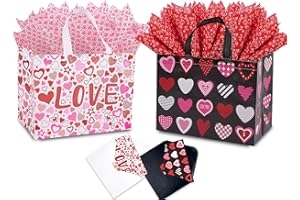 Jaywayang 2PCS 12.6" Valentines Gift Bags With Tissue Paper and Card, Large Valentine's Day Gift Bags Reusable Love Heart Valentines Bags, Valentines Goodie Bags(White, Black)