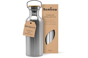 Bambaw Stainless Steel Water Bottles 32 oz, Non-insulated Single Wall Metal Water Bottle Stainless Steel, Reusable & Eco Friendly, Dishwasher Safe – Silver