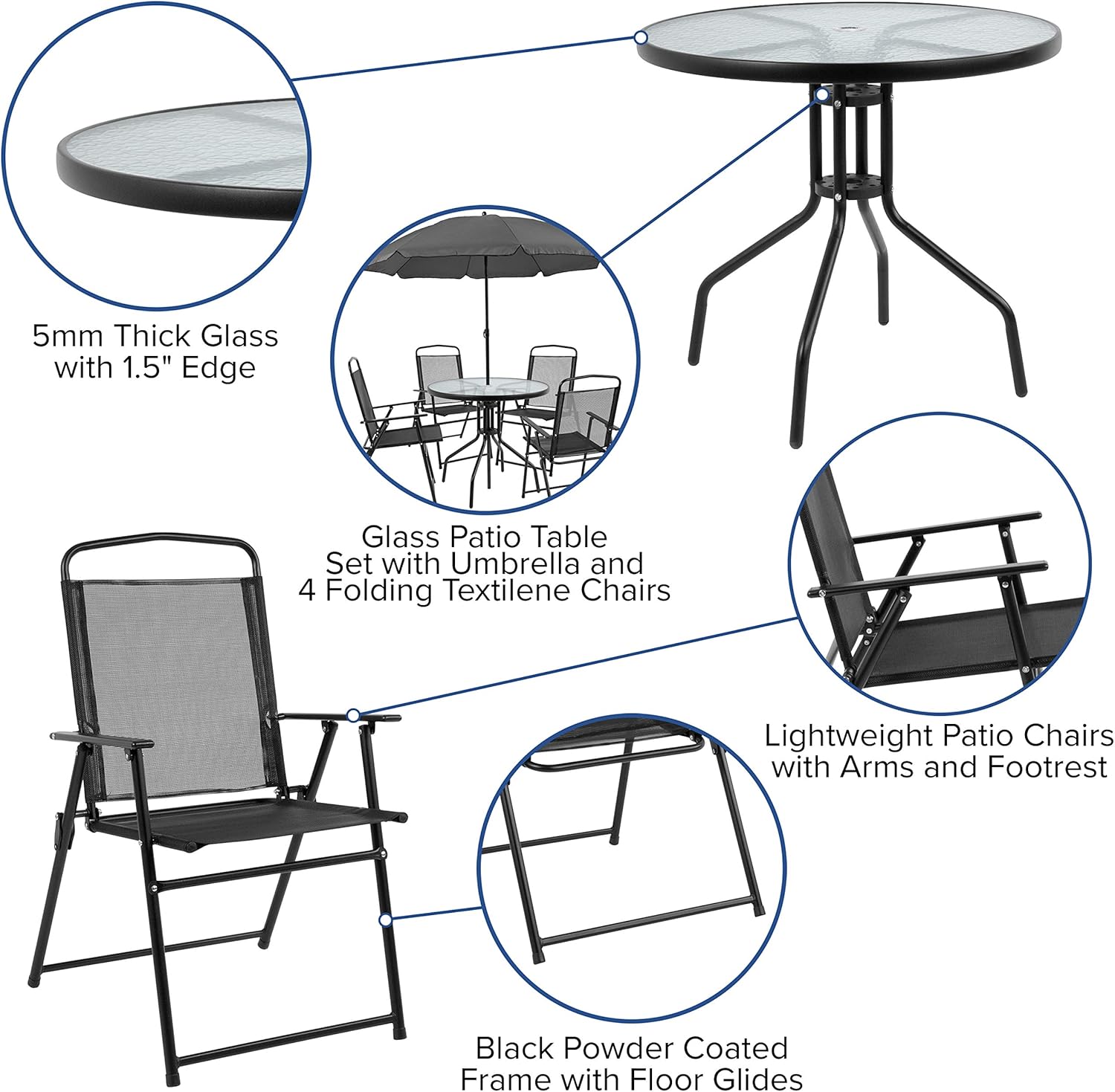 Flash Furniture Nantucket 6 Piece Black Patio Garden Set with Umbrella Table and Set of 4 Folding Chairs : Garden & Outdoor