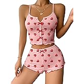 Hilinker Womens Graphic Pajama Set Summer Cute Crop Cami and Shorts Ribbed 2 Piece Lounge Sets