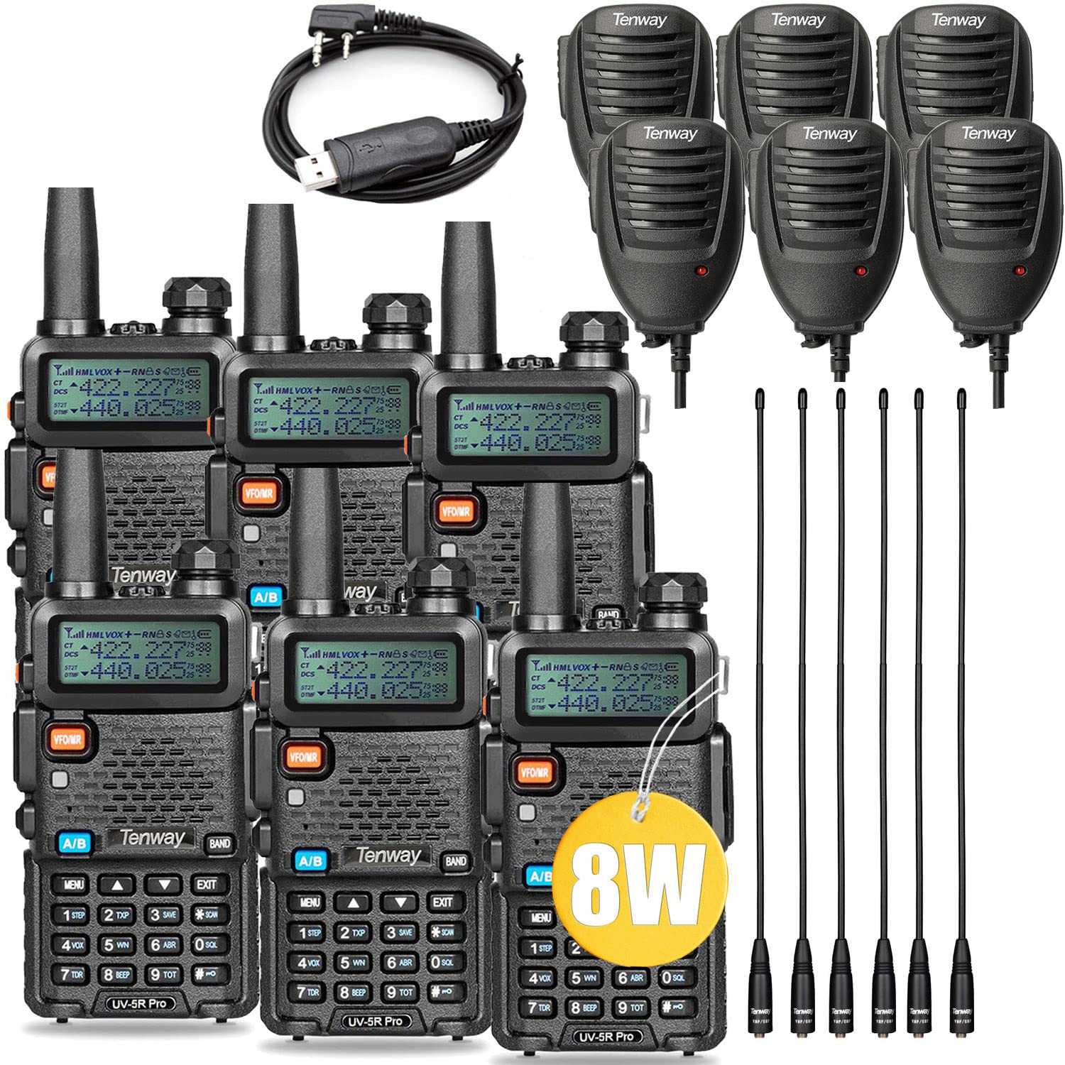 Photo 1 of Ham Radio UV-5R Pro 8Watt Dual Band Two Way Radio with Ham Radio and Handheld Speaker Mic and Antenna 6Pack and One USB Programming Cable