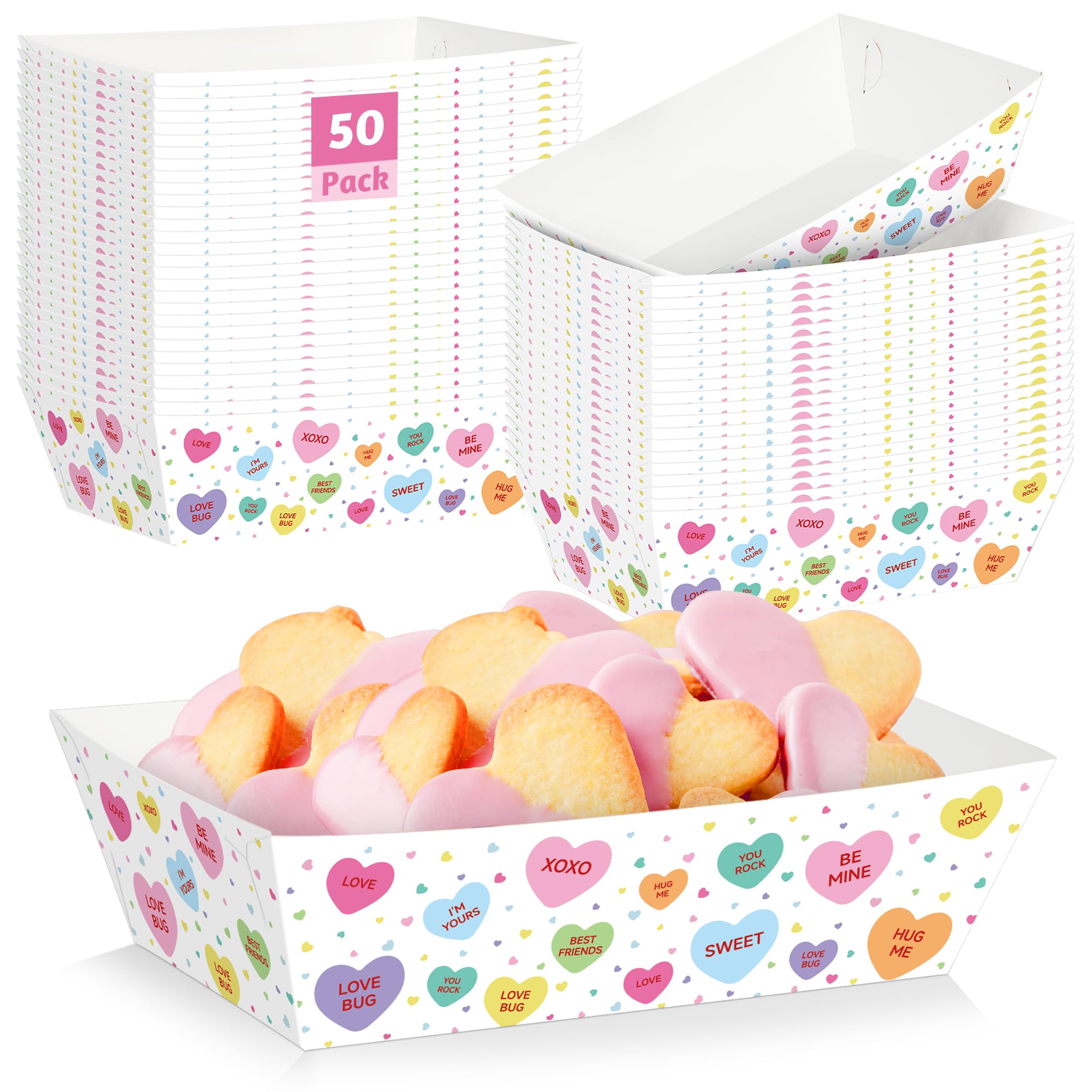 Photo 1 of  Valentines Paper Food Trays, Disposable Conversation Heart Serving Tray Valentine's Decorations, Love Holder Snack Food Boats, Popcorn Hot Dog Container for Wedding Birthday Party Supplies