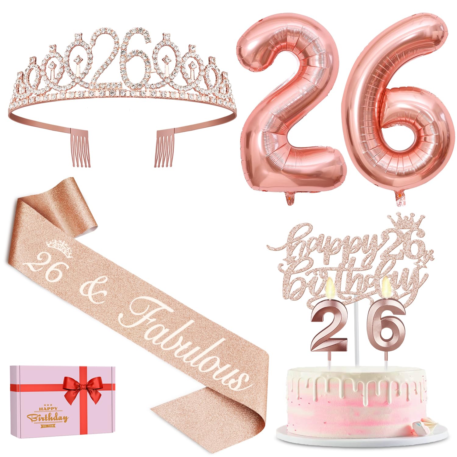 Photo 1 of 26th Birthday Decorations for Women, Including 26th Birthday Sash and Tiara, Cake Topper and Candles, Number Balloons, 26 Year Old Gifts for Women