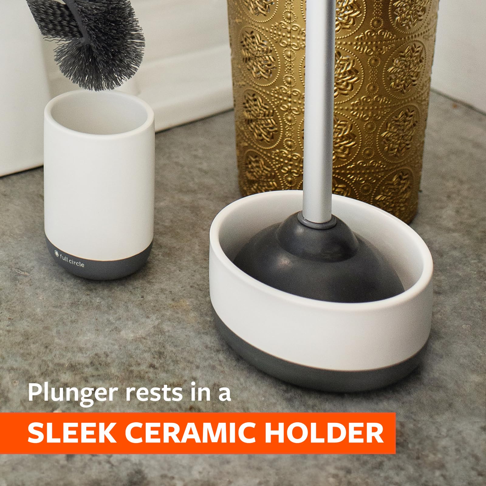 Full Circle Royal Plunge – Bathroom Toilet Plunger with Bamboo Handle and White Ceramic Holder