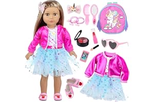ZNTWEI American 18 Inch Doll Clothes and Makeup Accessories Set Includes Clothes Backpack Sunglasses Phone Shoes Comb Mirror Eye Shadow Lipstick Hair Clip Hair Tie(Doll NOT Included)