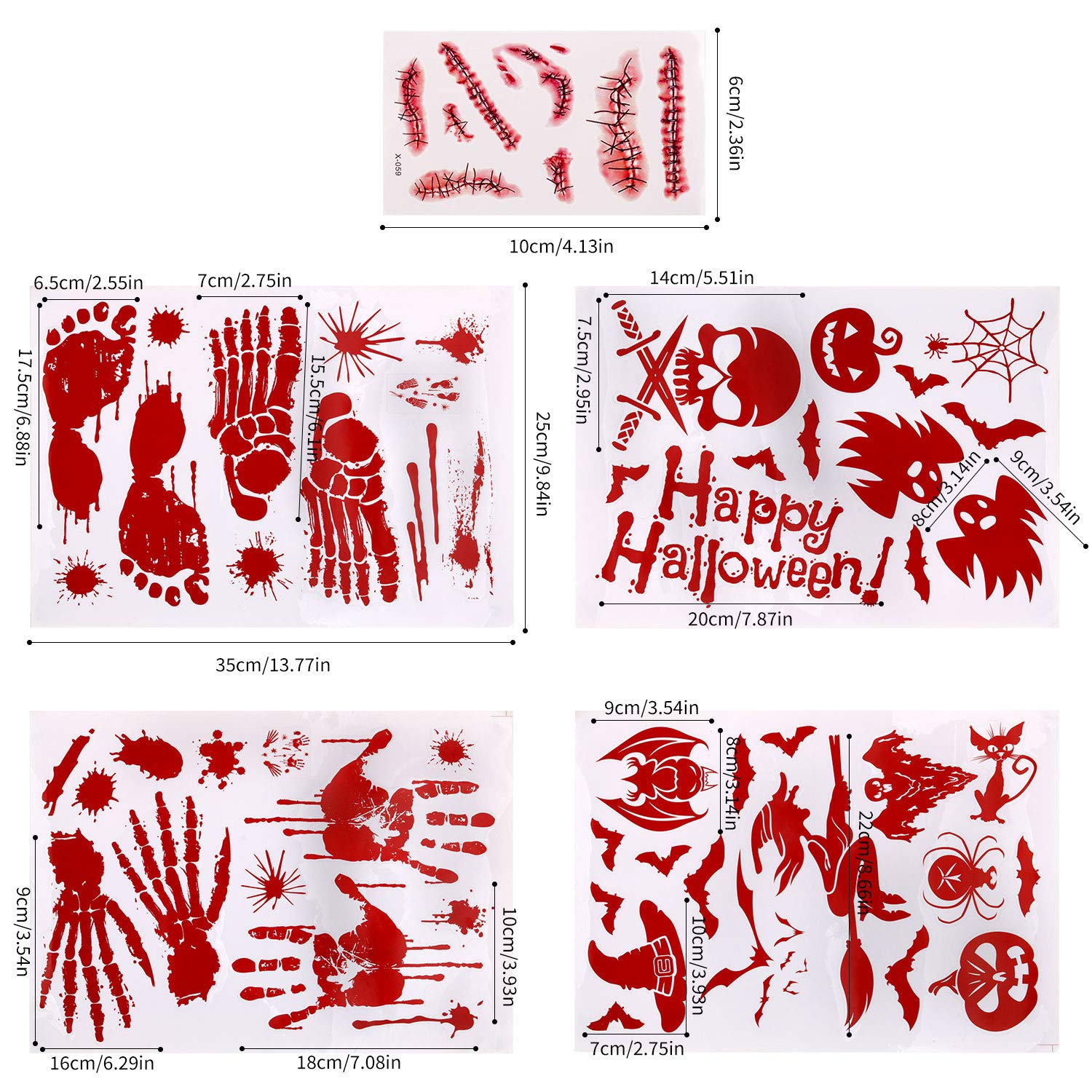 Halloween Scar Stickers Tattoo Bloody Decals Handprints Floor Clings,Aniwon 15Pcs Waterproof Window Wall Stickers Decor Footprint 11Pcs Simulation Horror Realistic Fake Bloody Wound Stitch Scar for Party Zombies Cosplay