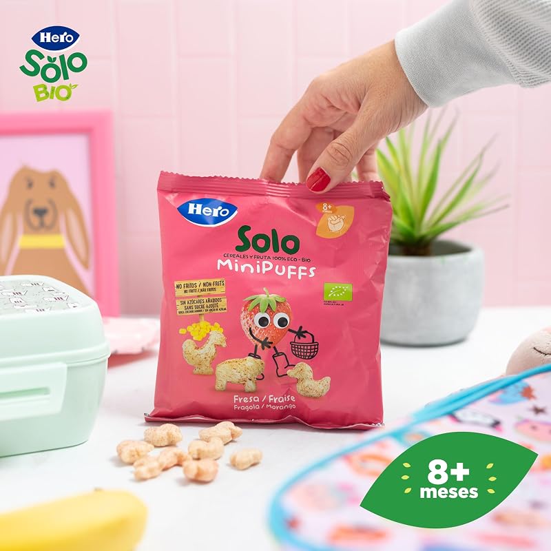 Hero Solo Bio Minipuff Snacks de Fresa Bebé Desde 8 Meses, 10 x 18 g