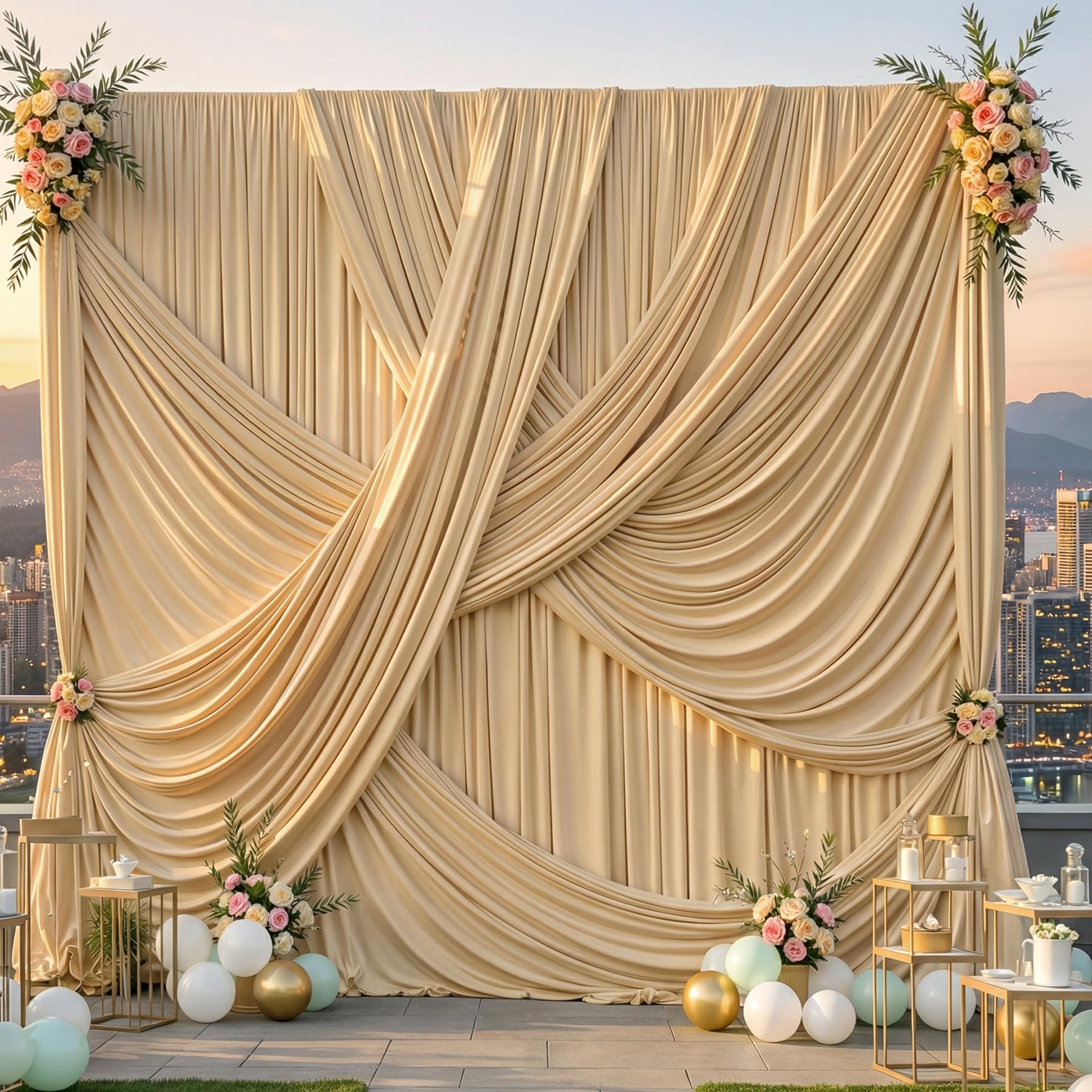 Photo 1 of 10ft×12ft Champagne Backdrop Curtain for Wedding Parties, 2 Panels Wrinkle Free Polyester Photo Backdrop Drapes Back Drop Cloth for Birthday Photography Background