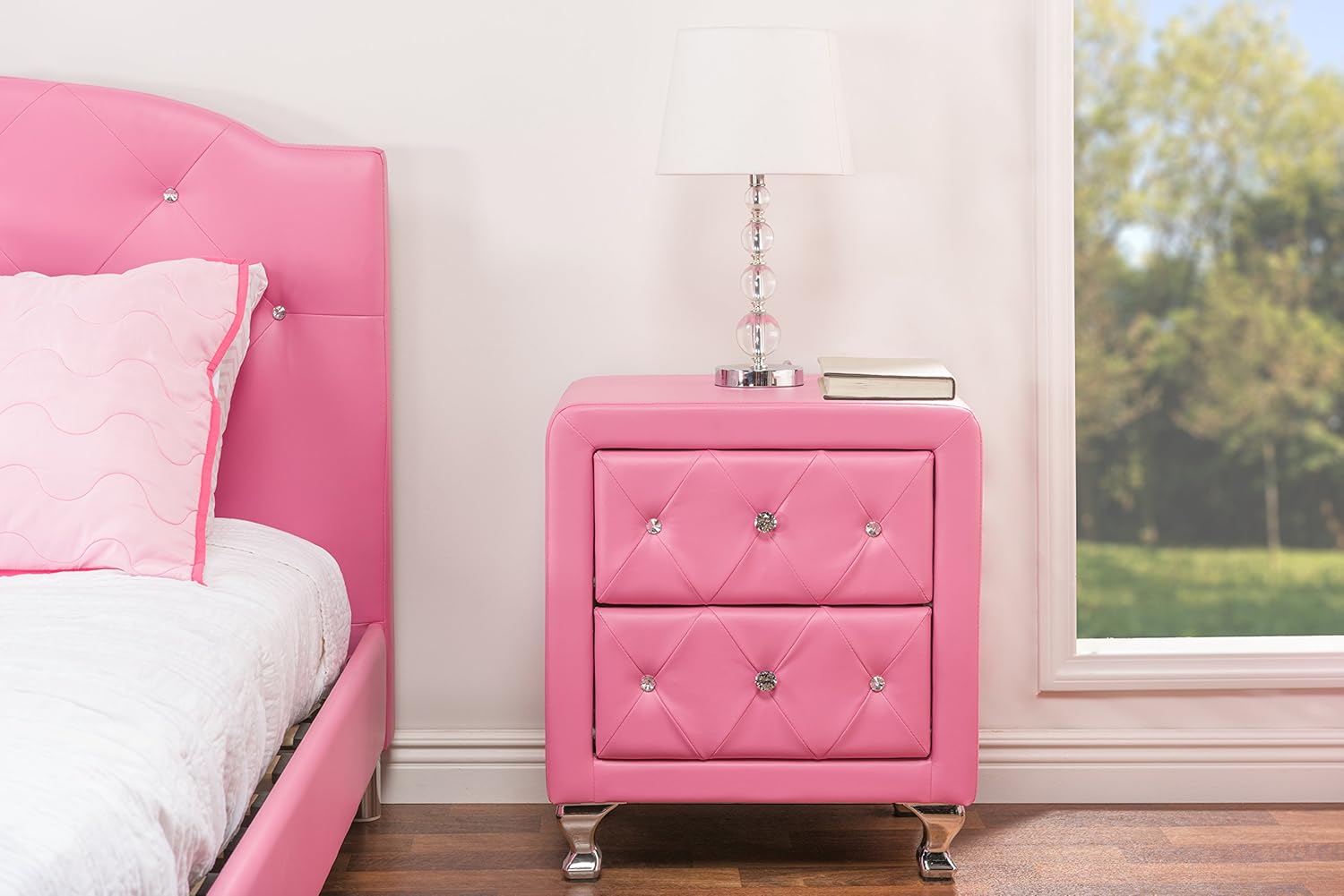 Amazon Com Baxton Studio Stella Crystal Tufted Pink Leather Modern Nightstand Furniture Decor