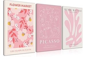 Djmwtb Matisse Picasso Abstract Canvas Wall Art Framed Set of 3 Pink Flower Market Poster Prints Aesthetic Pictures Modern Minimalist Wall Decor Painting for Living Room Bedroom Bathroom 16"x24"x3