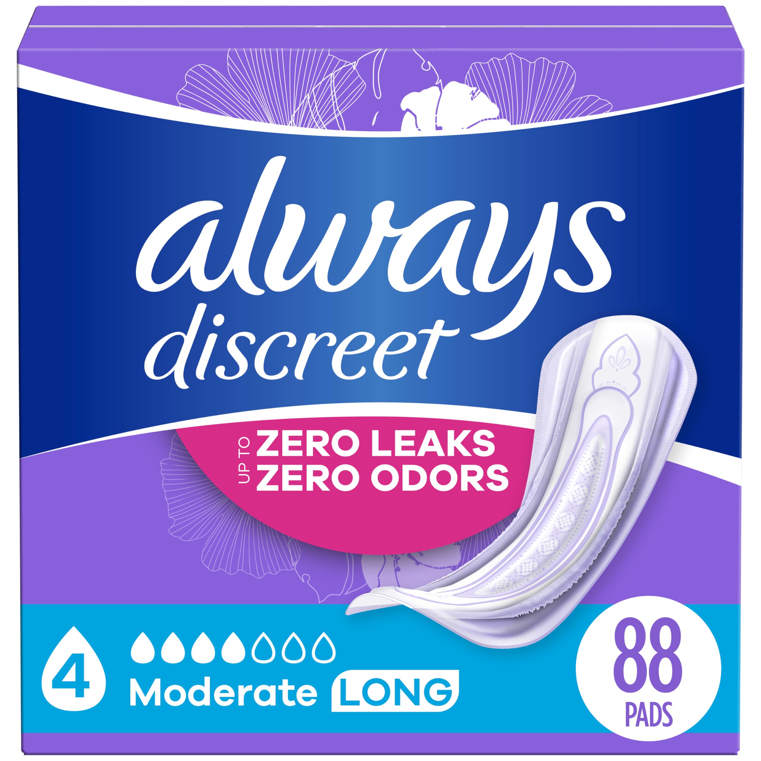 Photo 1 of Always Discreet Adult Incontinence Pads for Women, Moderate Absorbency, Long Length, Postpartum Pads, 88 CT