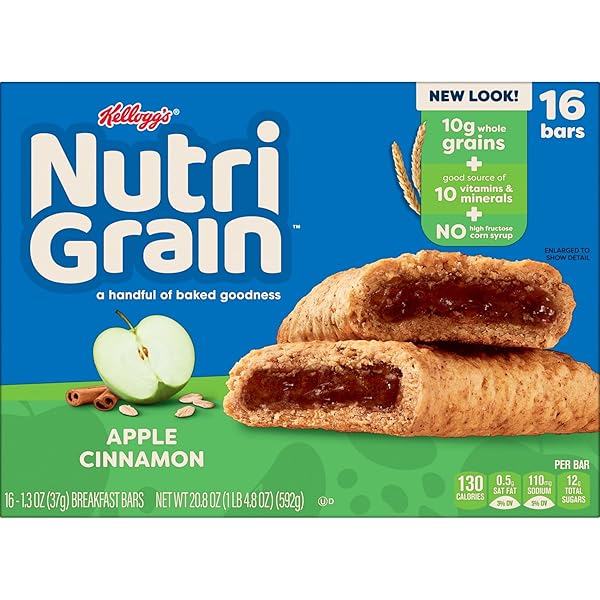 NUTRI-GRAIN BREAKFAST BARS, MADE WITH 10G WHOLE GRAINS, SNACK BARS, APPLE CINNAMON, 20.8OZ BOX (16 COUNT)