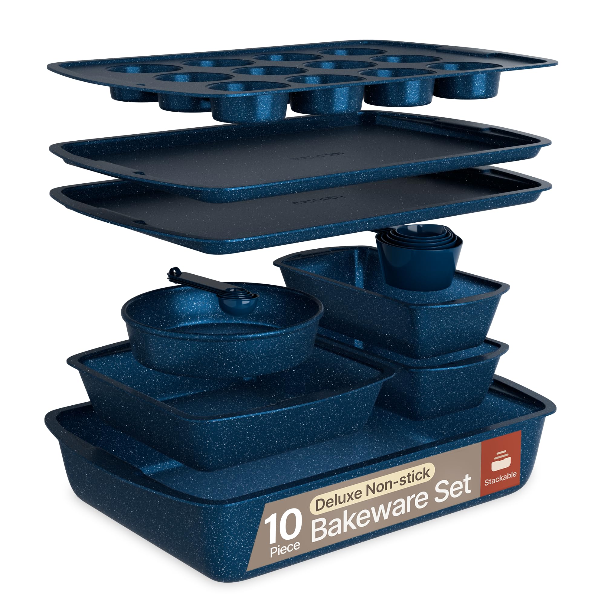 Blue Marble 10-Piece Bakeware Sets, Nonstick Carbon Steel Baking Sheet & Pans, Stackable Space-Saving Bakeware, Dishwasher Safe, Stain-resistant, PFOAPFOSPTFE Free, Oven Safe Up To 450°F (230°C) Image