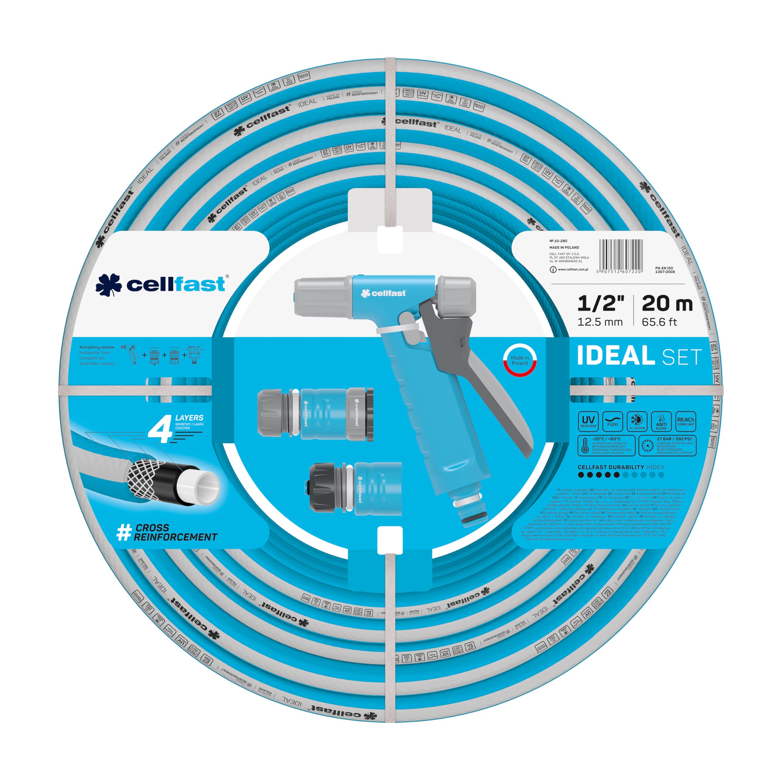 Cellfast Ideal Garden Hose Set, Robust, Flexible, 4-ply, Sprinkler, UV and Algae Resistant, Reach Technology, 27 bar, -20/+60° Short-Term 1/2 inch, 20 m