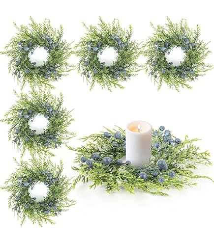 6 Pack Mini Artificial Blueberry Christmas Wreaths - Small Candle Rings For Pillar Candles, Farmhouse Table Centerpiece Decor