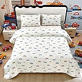 SDIII Cute Cars Comforter Twin Set 3 Pieces, Silky Breathable Microfiber and Spandex, Cartoon Cars Twin Bedding Set for Boys Girls Kids and Teens