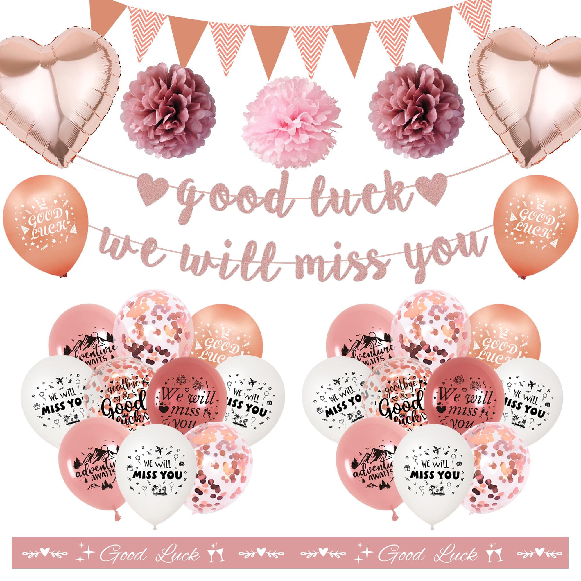 We Will Miss You Banner - Rose Gold Good Luck Sash Bunting Flags Confetti Balloons Paper Pom Poms, Retirement Decorations for Women, Office Colleagues Leaving Farewell Party Supplies