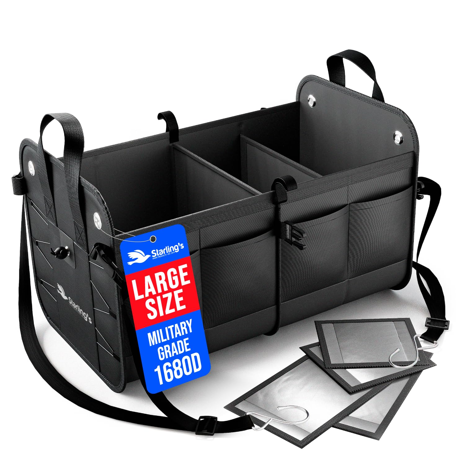 Starling's Car Boot Organiser Bag - Car Trunk Organiser Black: Tidy Organization, Super Strong&Durable, Collapsible, Storage Box For Auto, Truck, SUV - Adjustable Compartments, Antislip, Waterproof