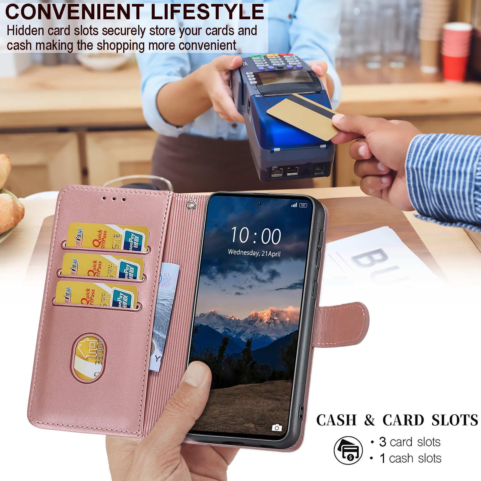 Handyhülle für Google Pixel 10a Hülle, Premium Leder Flip Klappbare Stoßfeste Magnetische [Standfunktion] [Kartenfächern] Schutzhülle Tasche, Roségold 3D 5