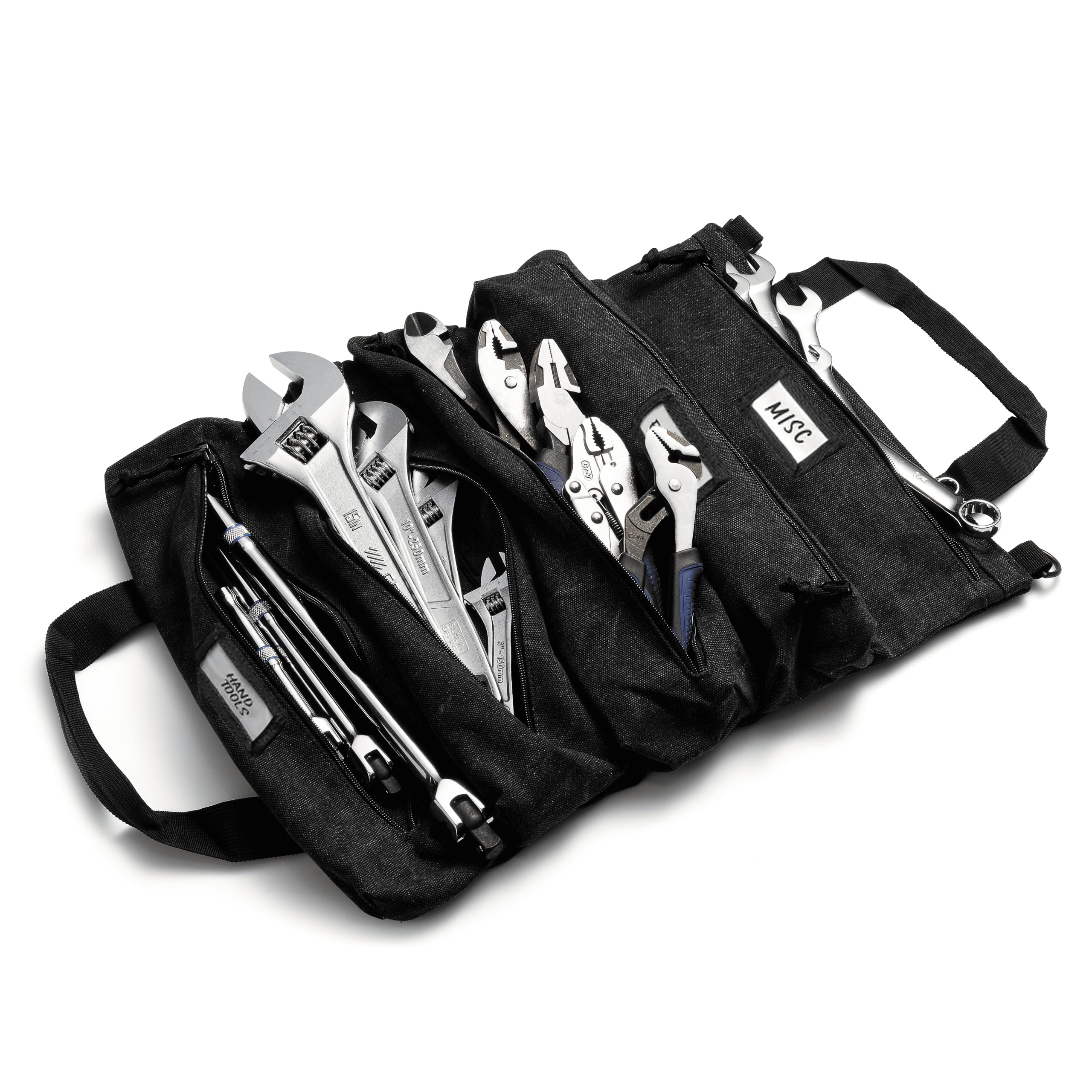 Photo 1 of Official Voyager Tool Roll Bag - Easy to Carry 5-Pocket Roll Up Tool Bag - Durable 20oz Canvas, Rust-Proof YKK Zippers & Secure Buckle - A Gift for Dads, Mechanics, Electricians & Hobbyists | Black