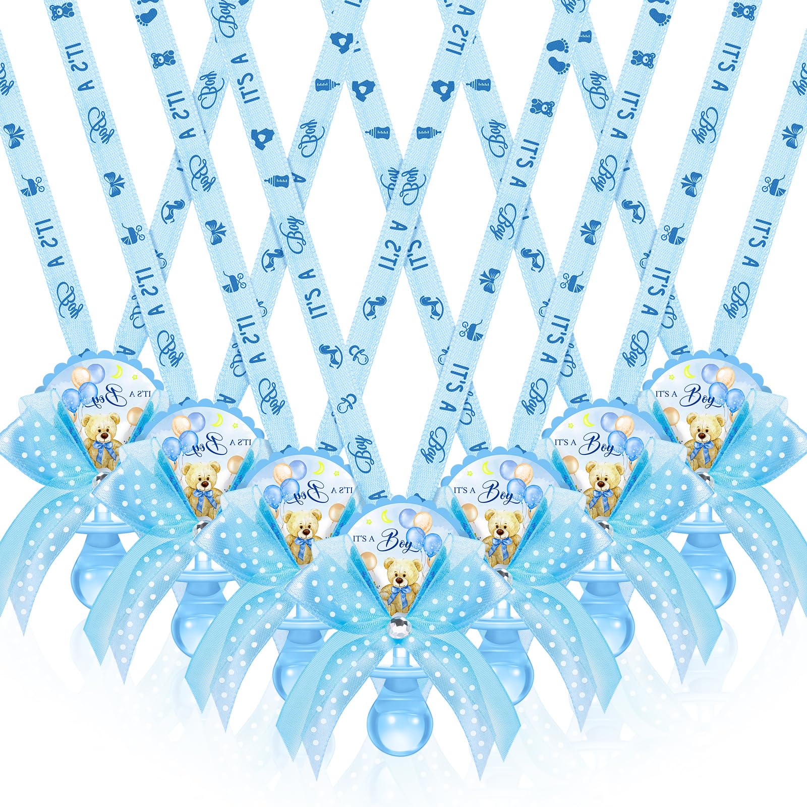 Photo 1 of Hotop 36 Pcs Baby Shower Pacifier Necklace Bulk Bear Acrylic Pacifier Necklace for Baby Shower Charm Necklaces Party Favors for Girls Boys Gender Reveal Decoration Table Pieces(Blue,Boy)