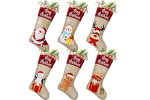 DeckTheHalls 6 Pack Christmas Plaid Stockings 18 Inches Large Santa, Snowman, Penguin, Reindeer, Gingerbread Man, Gifts Character for Family Holiday Party Decoration