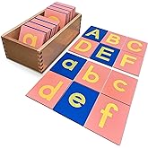 Delmach Montessori Sandpaper Letters | Lowercase and Uppercase | PP Wood Tiles | Vowel Consonant Color Coded | Includes Storage Box