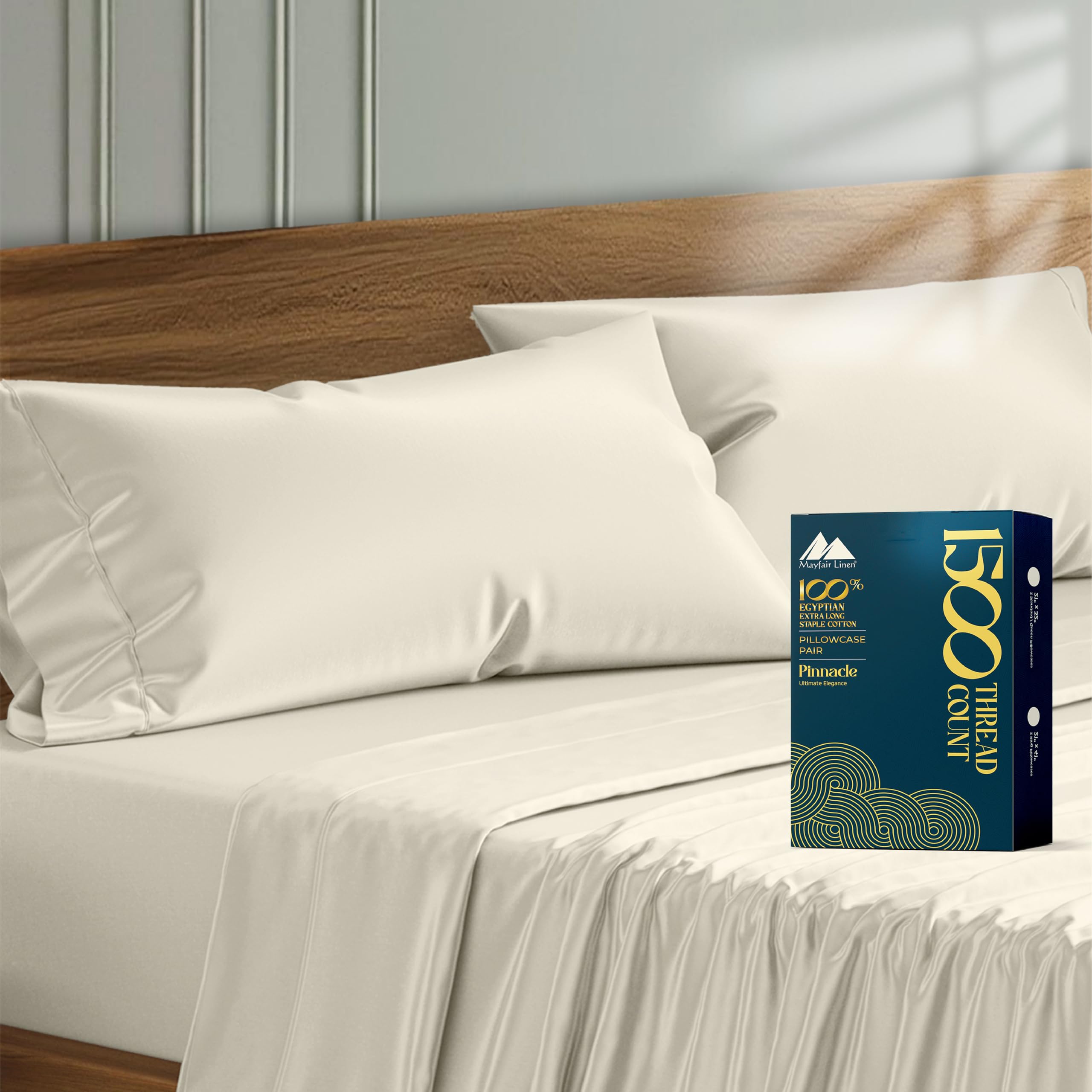 Photo 1 of Mayfair Linen 100% Egyptian Cotton Pillow Cases King Size Set of 2 - Luxury 1500 Thread Count Sateen Weave Ivory Pillow Covers, Silky Soft, Breathable & Cooling Pillowcases, Fits King Size Pillows