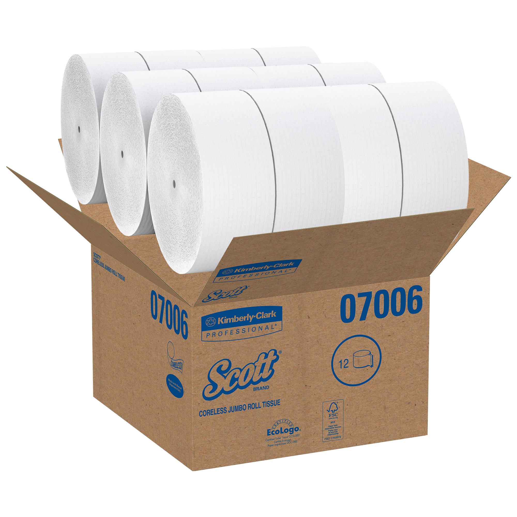 Scott Jumbo Roll JR. Coreless Toilet Paper (07006), 2PLY, White, 12