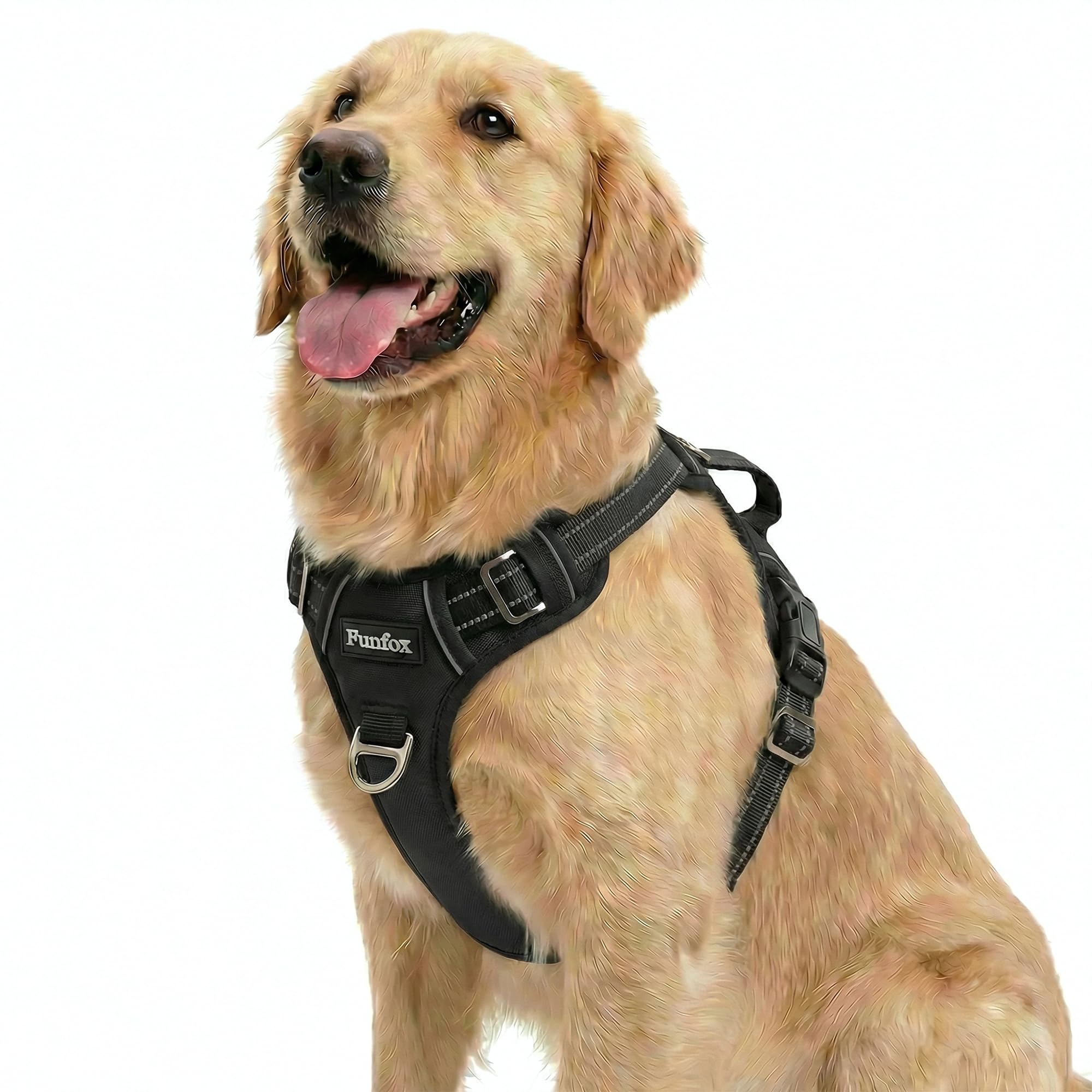 Funfox No Pull Dog Harness for Large Dogs, Adjustable Dog Harness with Handle Reflective Strips for Walking, Anti Pull Breathable Padded Pet Vest Front Clip Easy Control Large Breed Black L