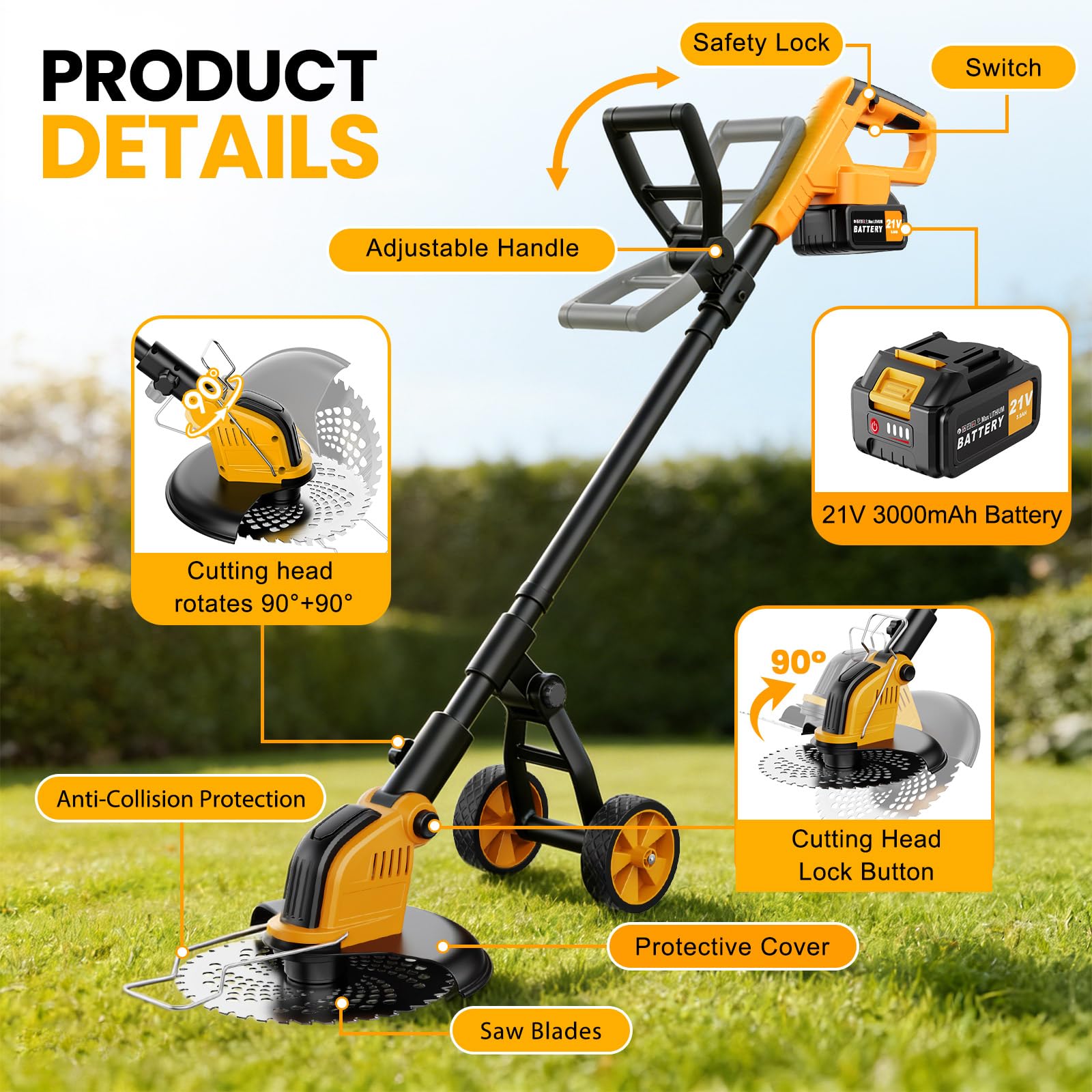 Condition photo showing As Is for 21v 800w brushless cordless weed wacker, 12-inch electric weed eater with wheels, 2×3.0ah batteries 