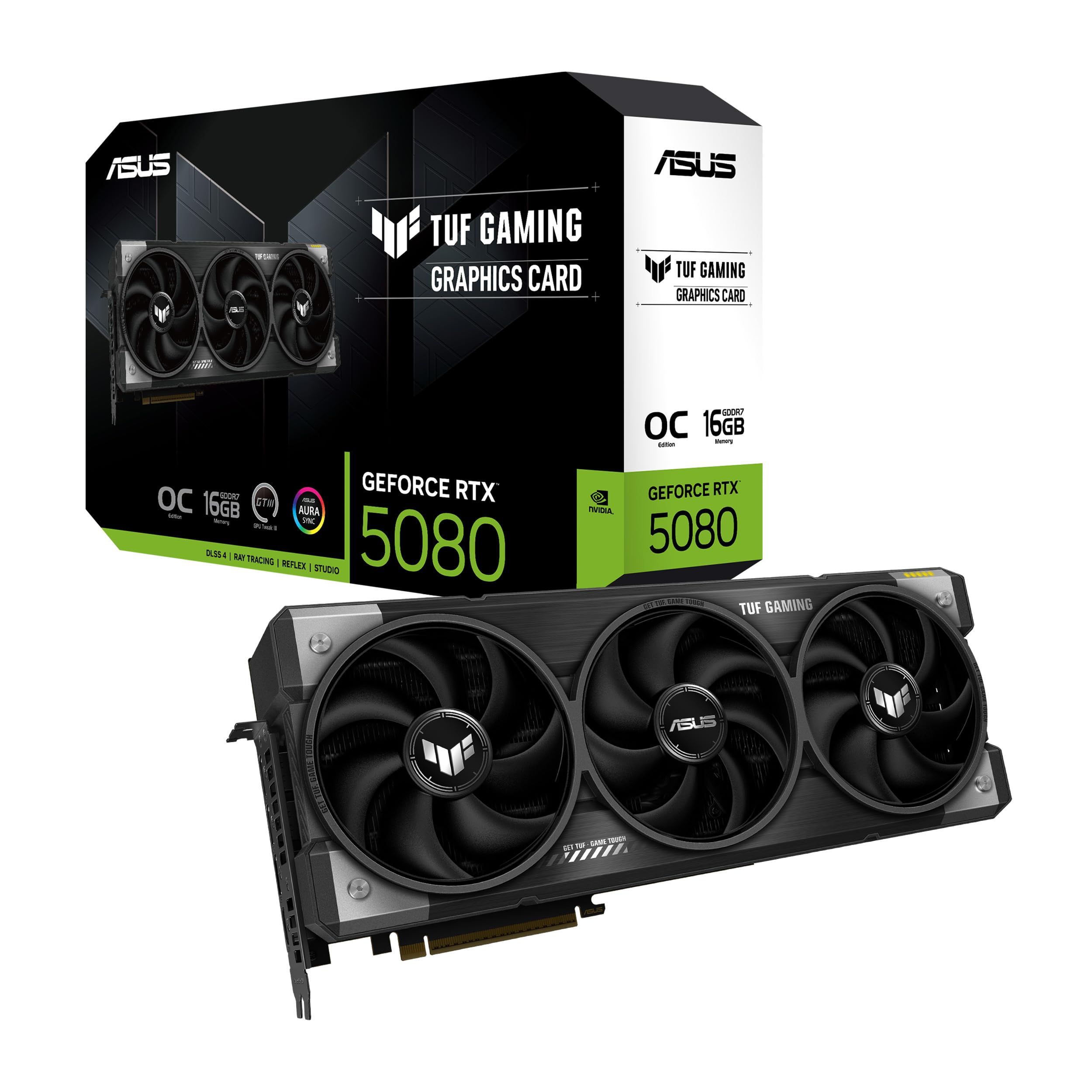 ASUS TUF Gaming GeForce RTX 5080 OC Edition 16GB GDDR7 Gaming Grafikkarte (Nvidia GeForce RTX5080, 3,6 Slot Design, PCIe 5.0, 2X HDMI 2.1b, 3X DisplayPort 2.1a)