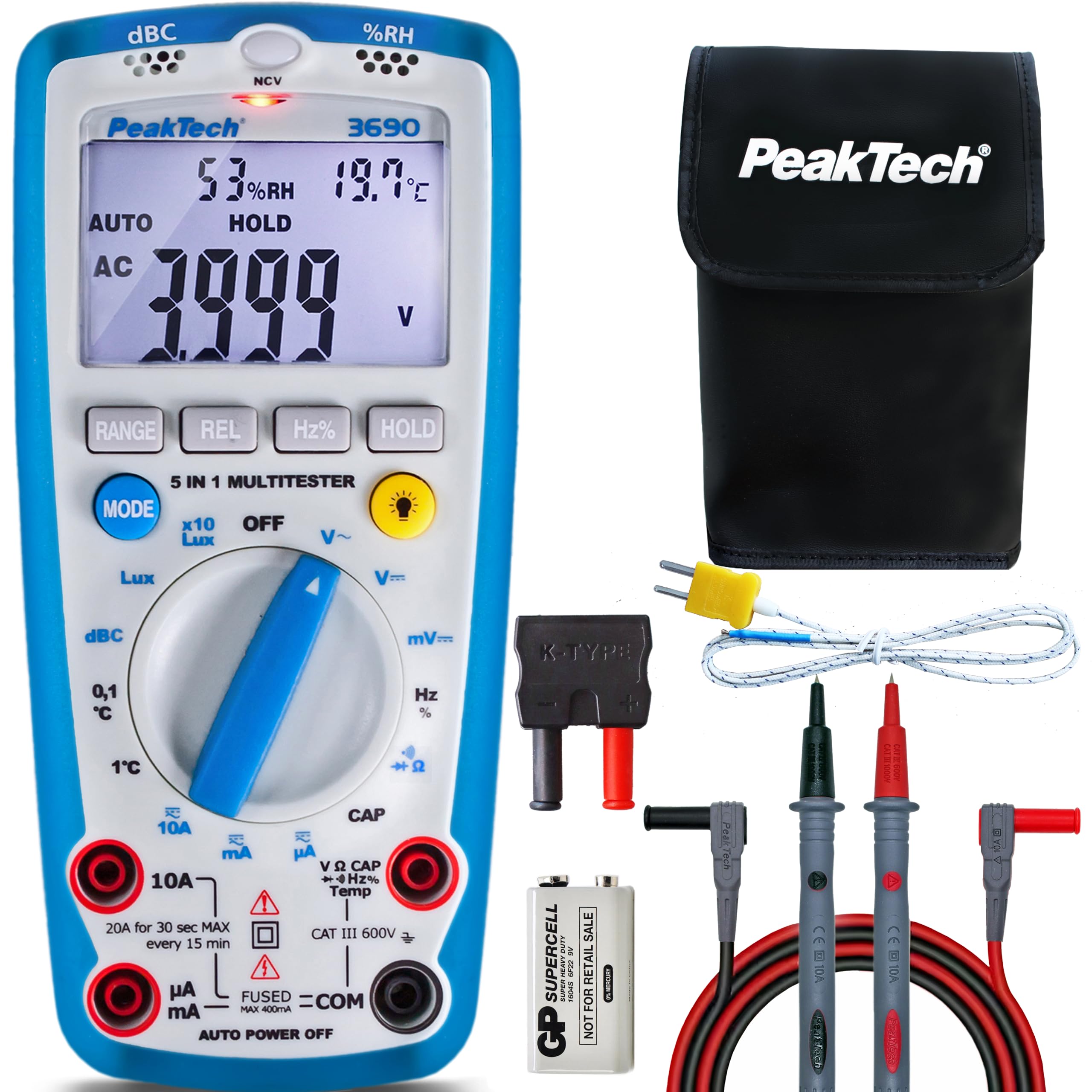 PeakTech P 3690 – Digital 5-in-1 Multimeter, Luxmeter, Sound Level Meter, Humidity Meter, Voltmeter, Thermometer, Handheld Multimeter, Continuity Tester, Meter, 4000 Counts - 600 V