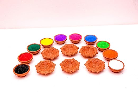 Bhagya Laxmi Handmade Clay Diya for Diwali Navratri | Clay Diya for Puja Decoration | Rangoli Colour Powder for Rangoli Occasion Navratri Pongal Decoration (06 Diyas + 10 Colors)