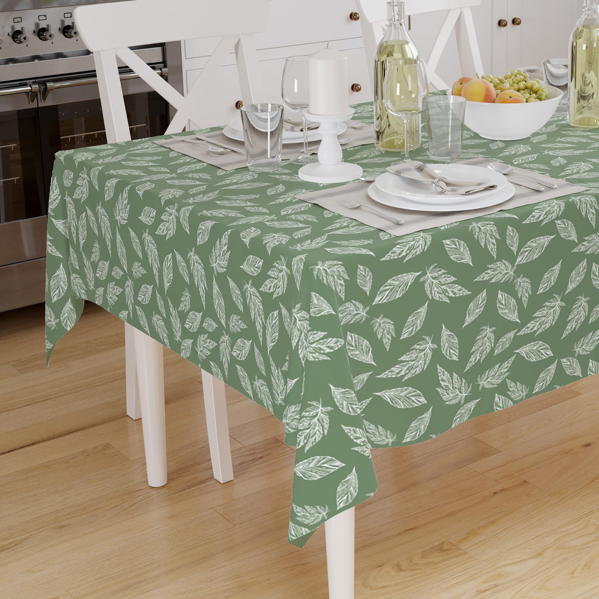 Encasa XO Printed Tablecloth 140x180 cm for 4 to 6 Seater Dining Table of length upto Rectangular, 100% Cotton, Machine Washable, Durable, Rectangular, for Home, Restaurant, Banquet - Big Leaves Green