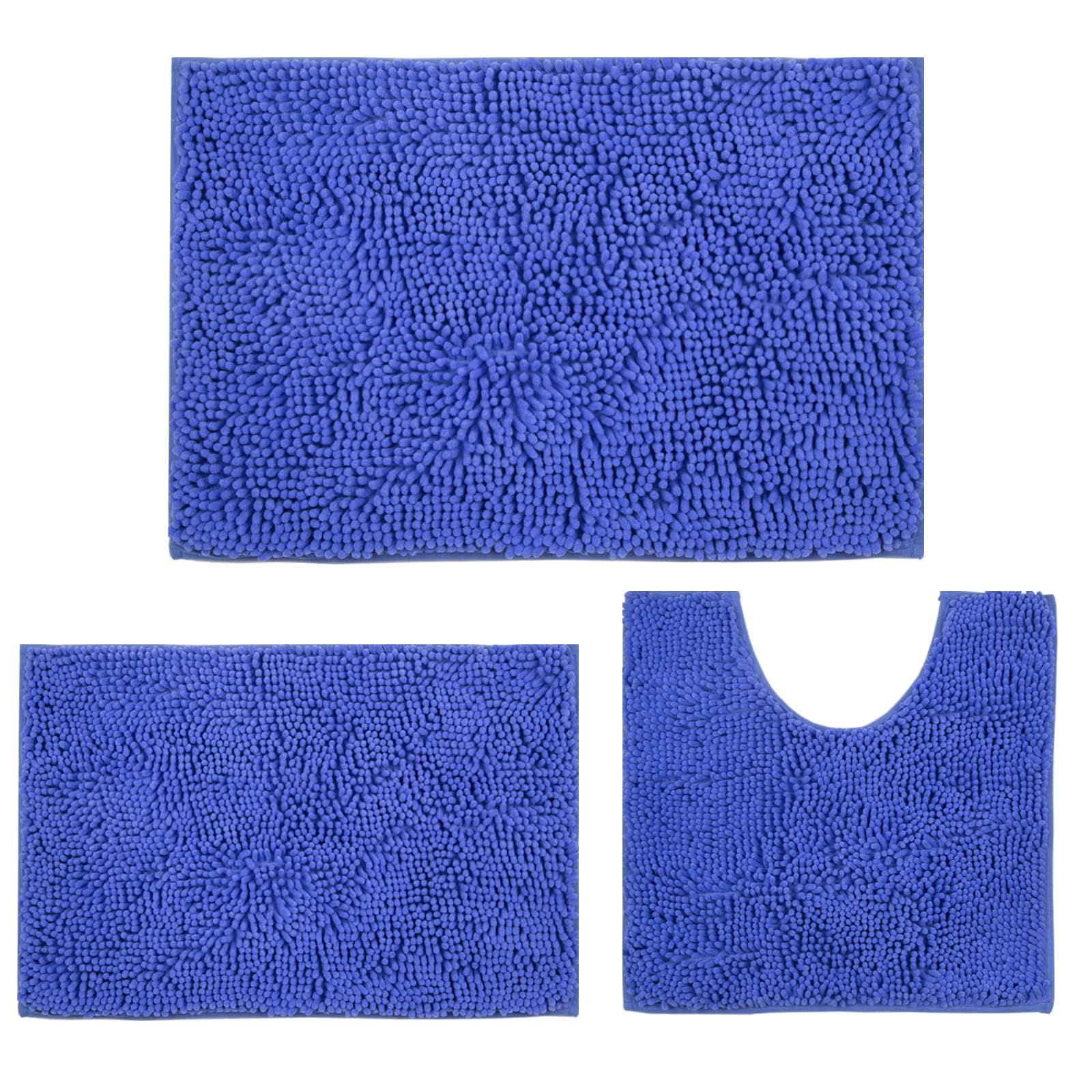 MEGAROOM Non Slip Chenille Bath Mat Set - Bathroom Mat Set with U-Shaped Toilet Mat - Soft and Anti Mould Bath Mat 3 Pieces for Safety and Comfort, Water Absorbent and Quick Drying（Clam Blue）